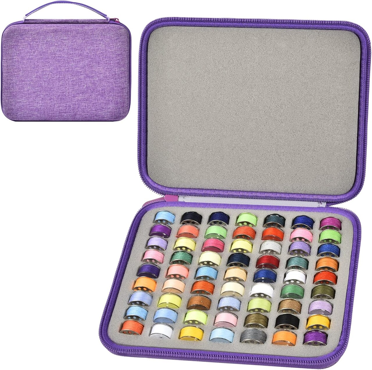 63-Slot Bobbin Case Holder – Thread Organizer Storage Box for Bobbins, Compatible with Brother, Singer, Babylock, Janome, Kenmore Sewing Machines (Purple)